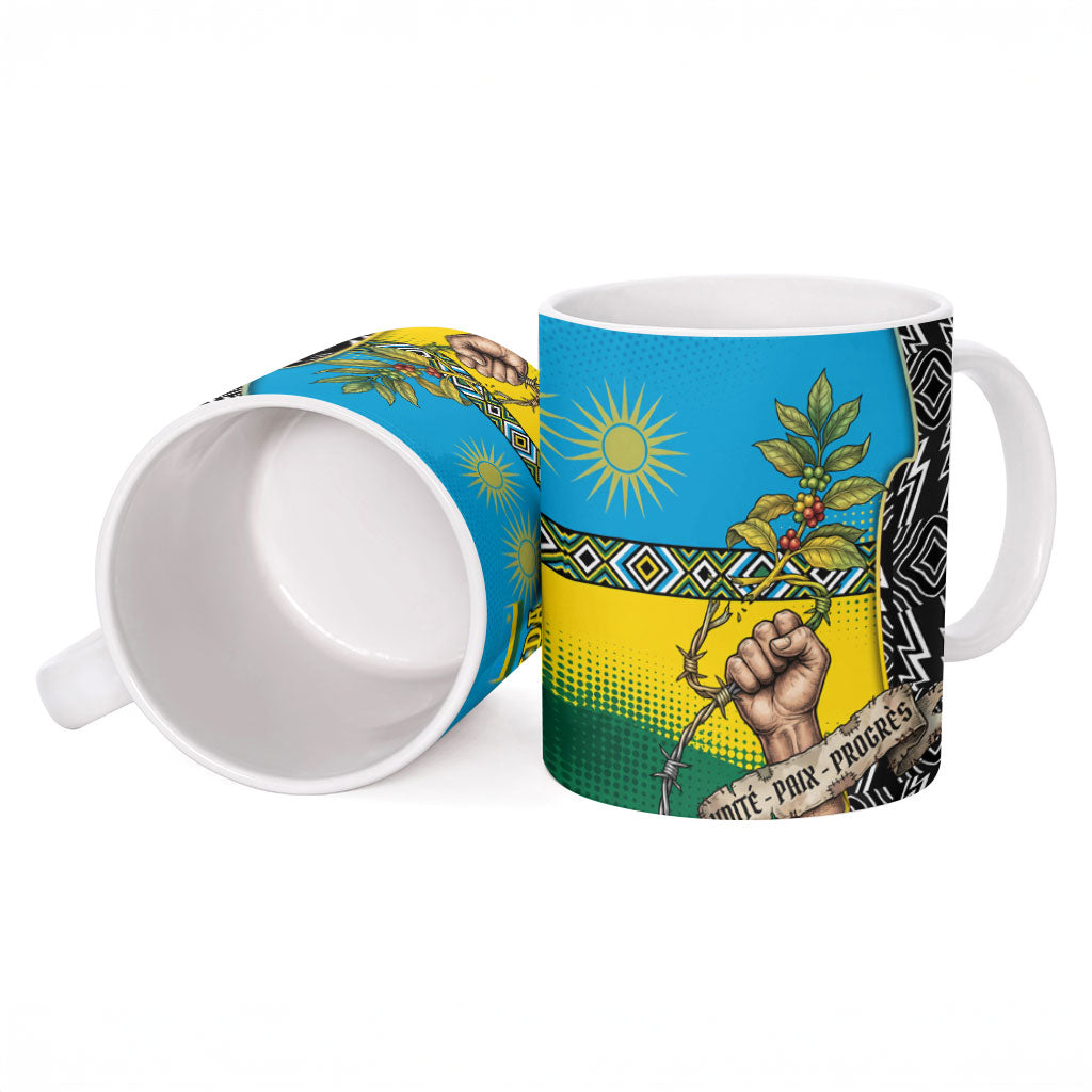 Rwanda Independence Day Unite Paix Progres Ceramic Mug African Geometric Pattern - Power Fist And Coffee Branch Art