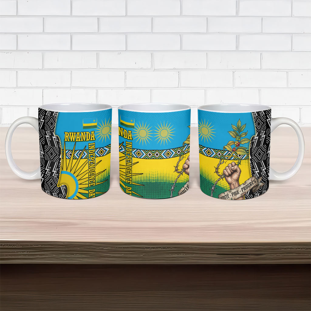 Rwanda Independence Day Unite Paix Progres Ceramic Mug African Geometric Pattern - Power Fist And Coffee Branch Art