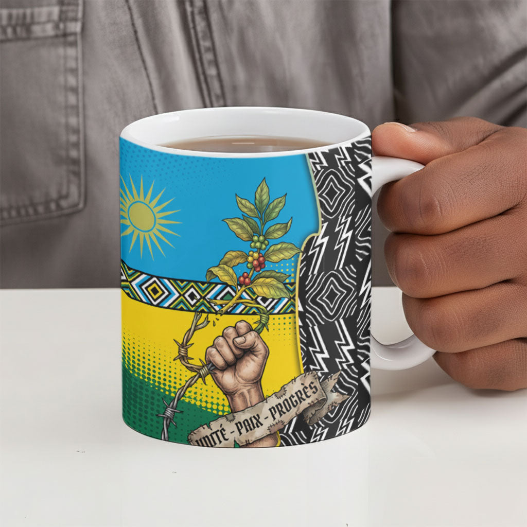 Rwanda Independence Day Unite Paix Progres Ceramic Mug African Geometric Pattern - Power Fist And Coffee Branch Art