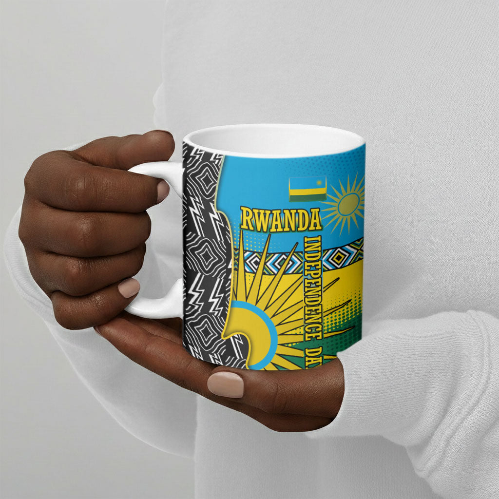 Rwanda Independence Day Unite Paix Progres Ceramic Mug African Geometric Pattern - Power Fist And Coffee Branch Art