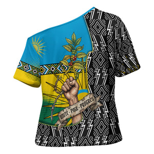 Rwanda Independence Day Unite Paix Progres Cross Shoulder Shirt African Geometric Pattern - Power Fist And Coffee Branch Art