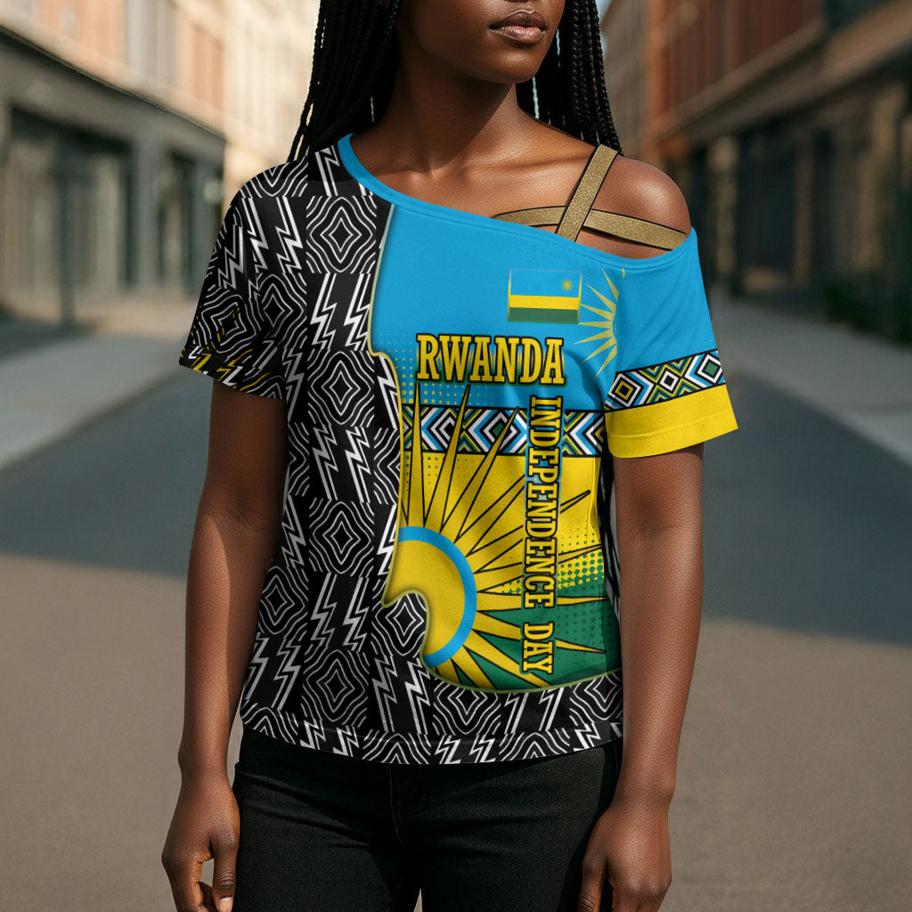 Rwanda Independence Day Unite Paix Progres Cross Shoulder Shirt African Geometric Pattern - Power Fist And Coffee Branch Art
