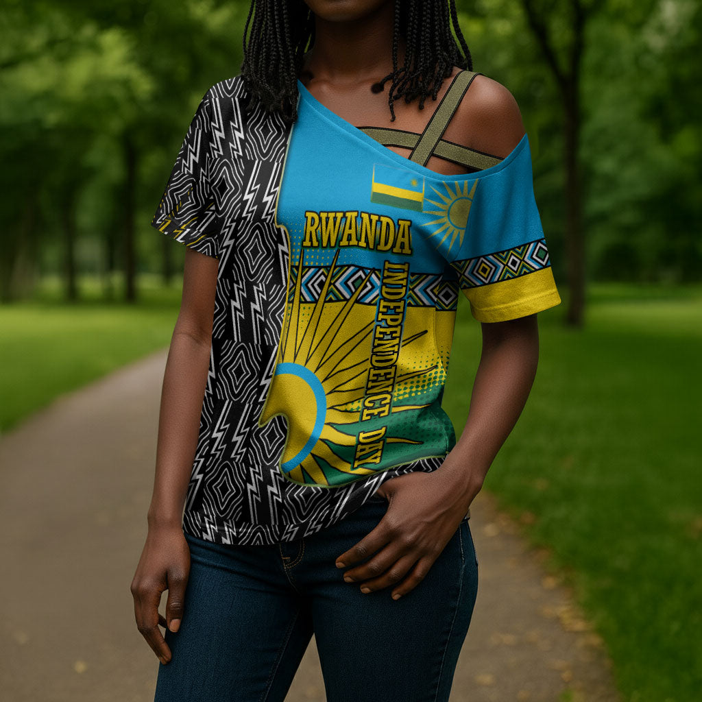 Rwanda Independence Day Unite Paix Progres Cross Shoulder Shirt African Geometric Pattern - Power Fist And Coffee Branch Art