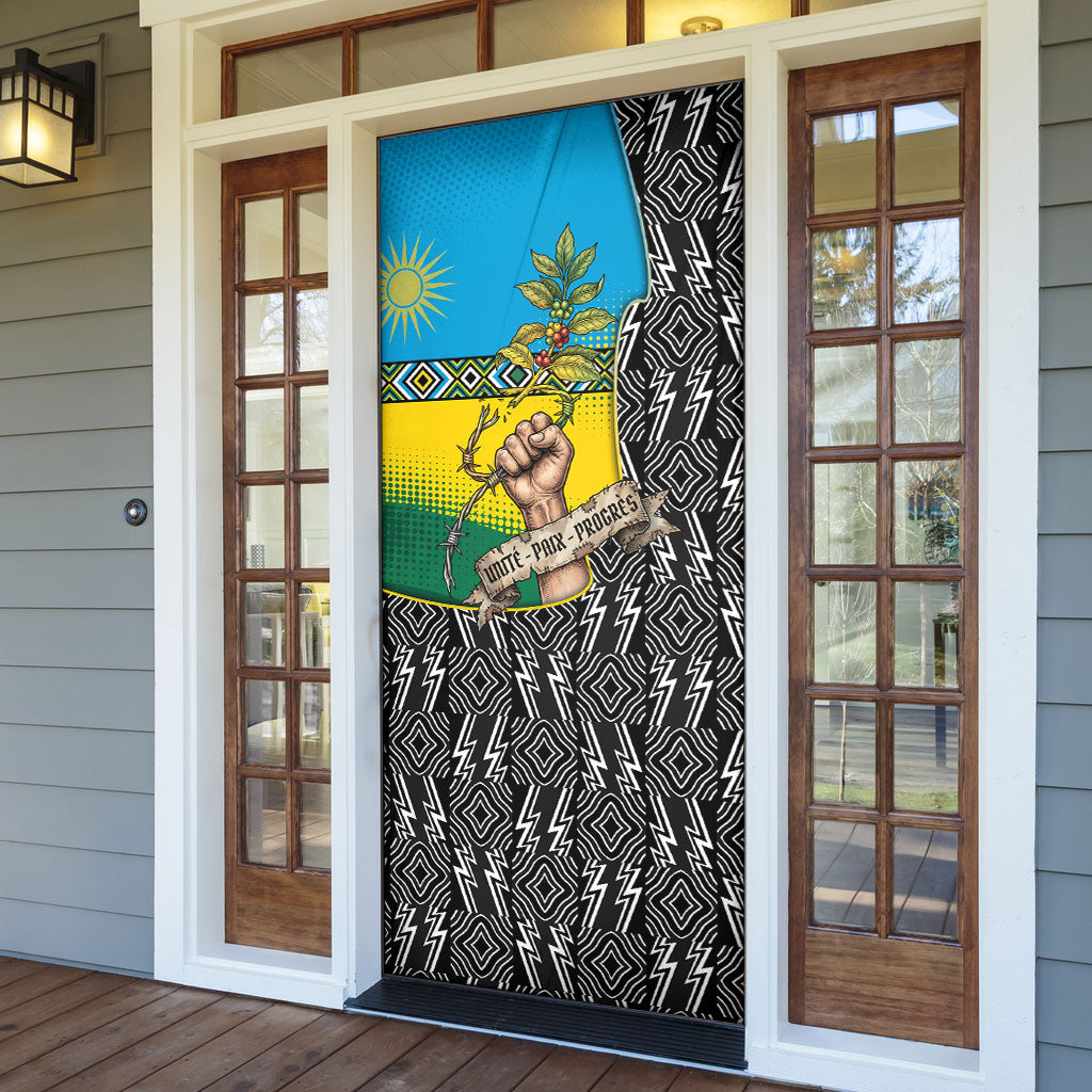 Rwanda Independence Day Unite Paix Progres Door Cover African Geometric Pattern - Power Fist And Coffee Branch Art