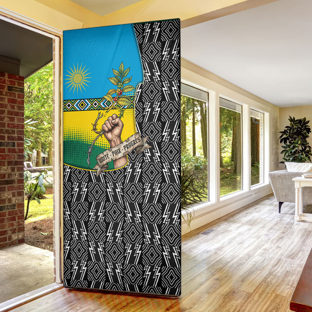 Rwanda Independence Day Unite Paix Progres Door Cover African Geometric Pattern - Power Fist And Coffee Branch Art