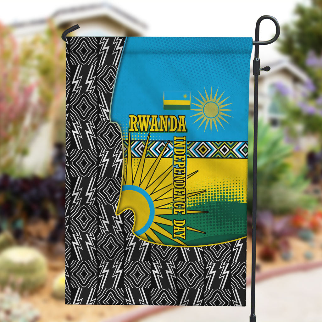 Rwanda Independence Day Unite Paix Progres Garden Flag African Geometric Pattern - Power Fist And Coffee Branch Art