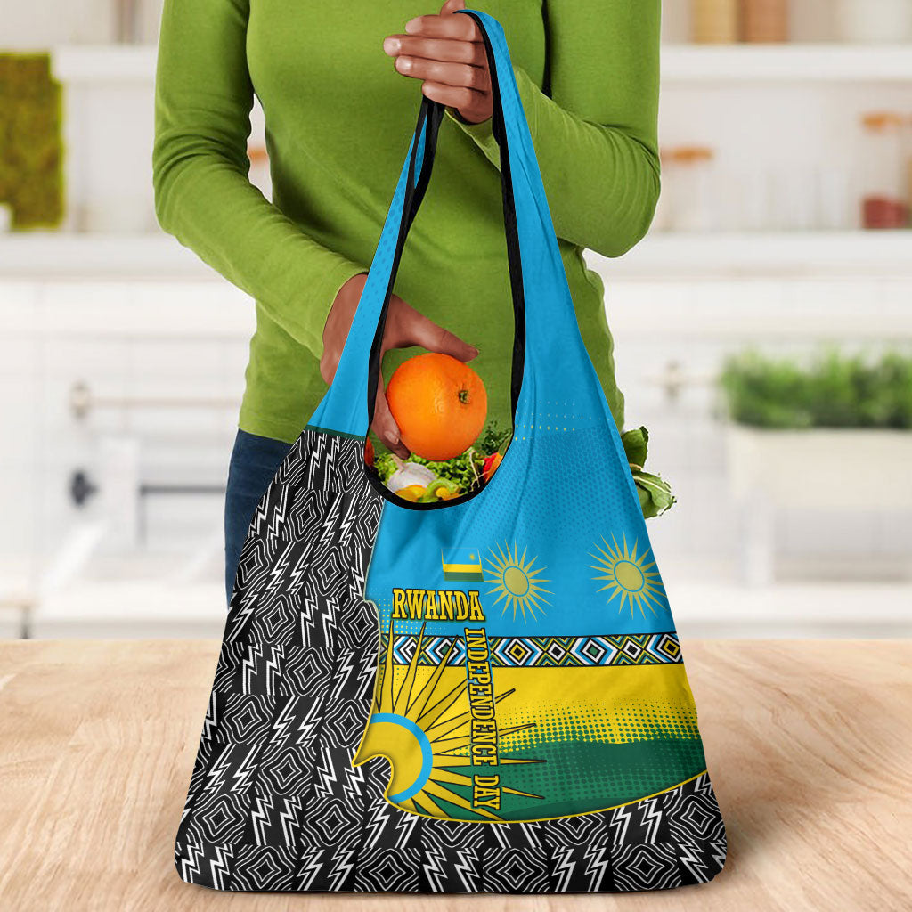 Rwanda Independence Day Unite Paix Progres Grocery Bag African Geometric Pattern - Power Fist And Coffee Branch Art