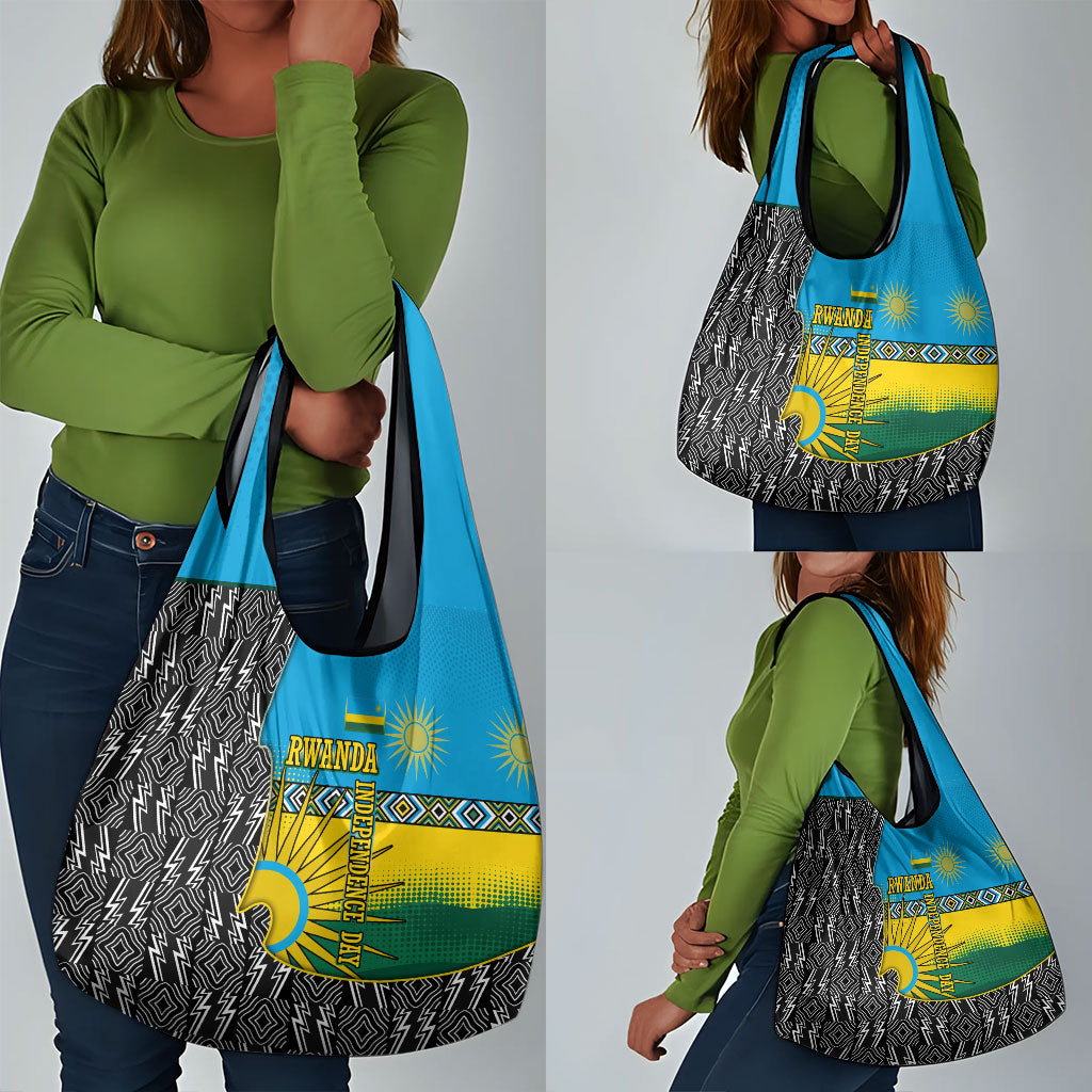 Rwanda Independence Day Unite Paix Progres Grocery Bag African Geometric Pattern - Power Fist And Coffee Branch Art