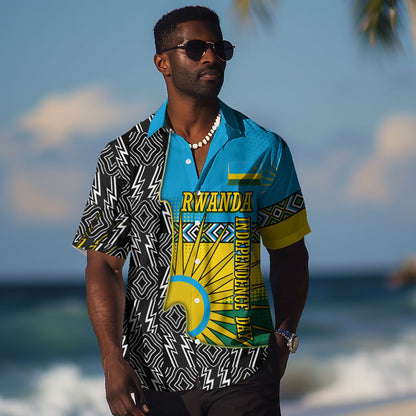 Rwanda Independence Day Unite Paix Progres Hawaiian Shirt African Geometric Pattern - Power Fist And Coffee Branch Art