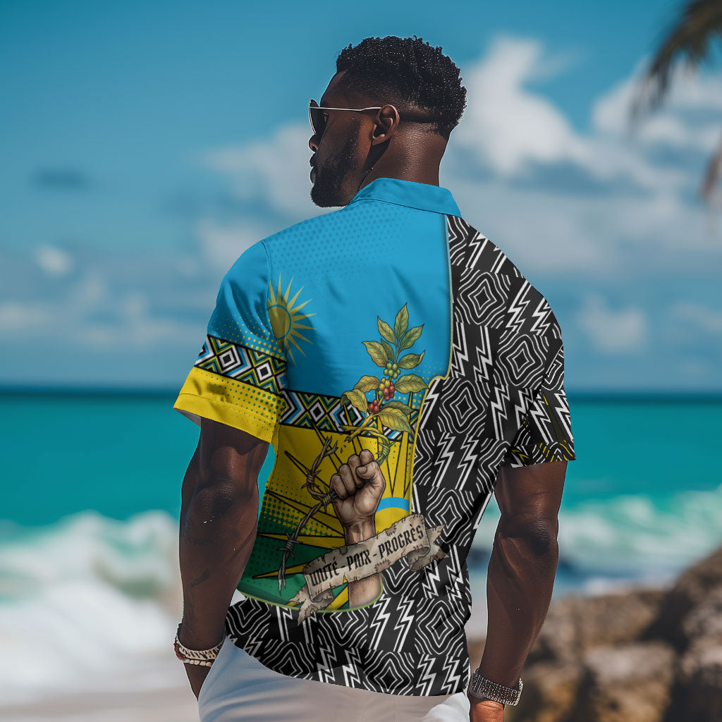 Rwanda Independence Day Unite Paix Progres Hawaiian Shirt African Geometric Pattern - Power Fist And Coffee Branch Art