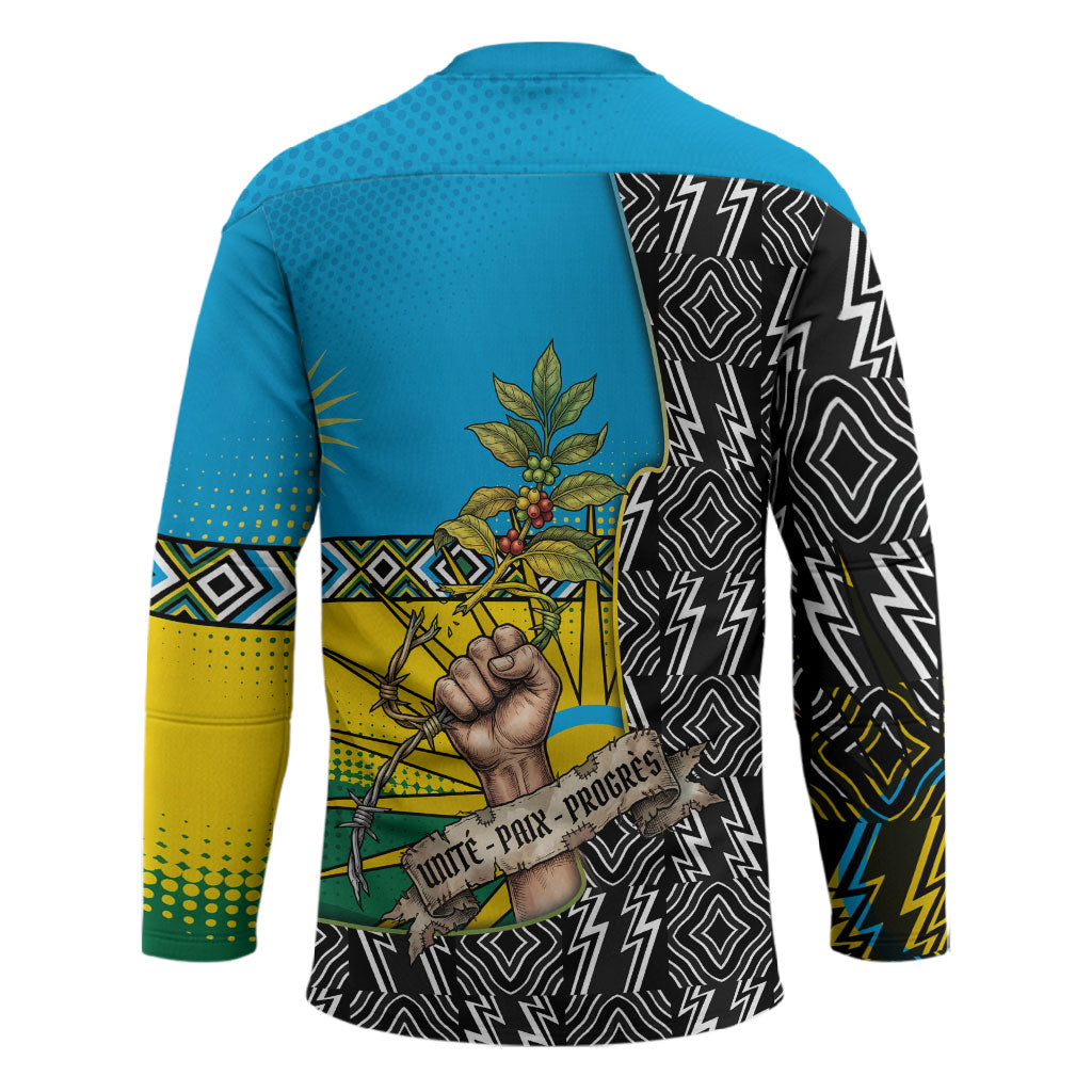 Rwanda Independence Day Unite Paix Progres Hockey Jersey African Geometric Pattern - Power Fist And Coffee Branch Art