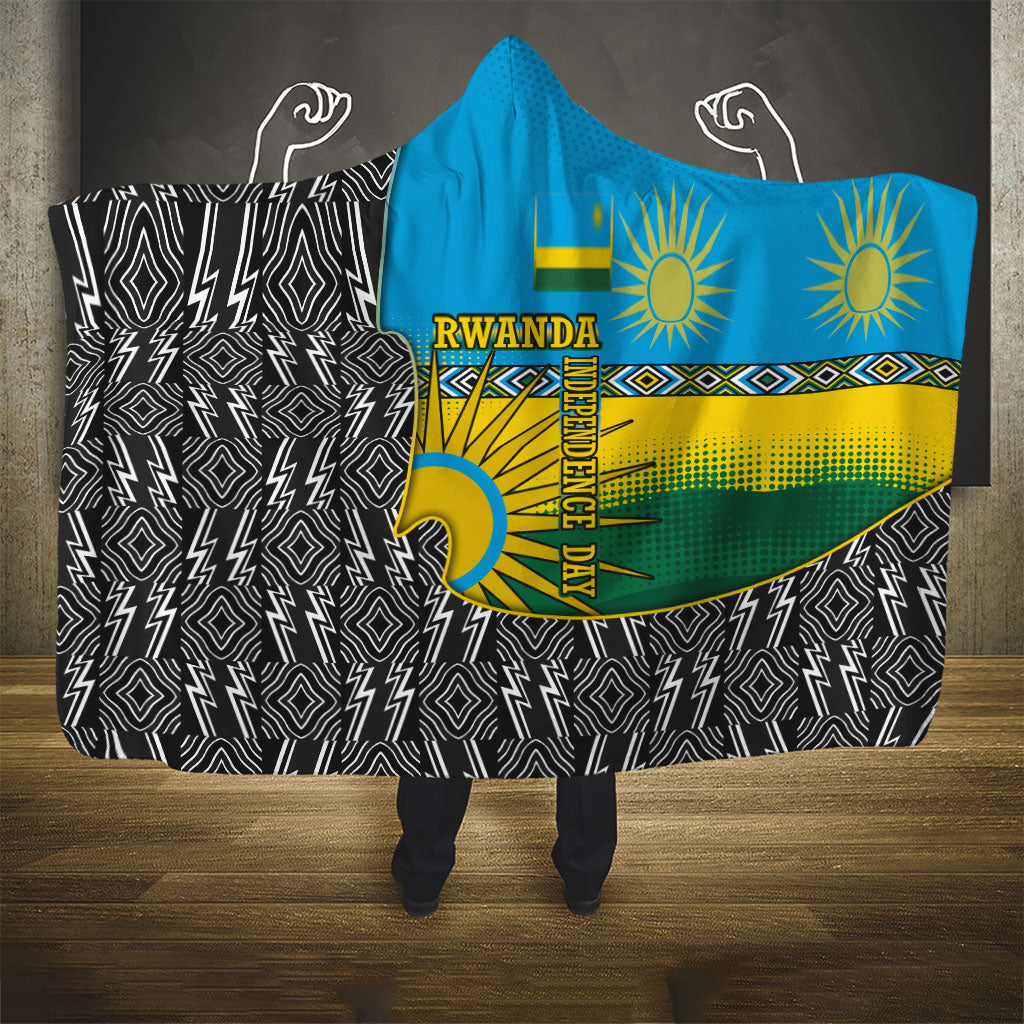 Rwanda Independence Day Unite Paix Progres Hooded Blanket African Geometric Pattern - Power Fist And Coffee Branch Art