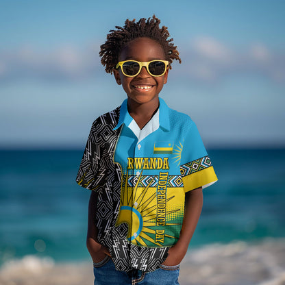 Rwanda Independence Day Unite Paix Progres Kid Hawaiian Shirt African Geometric Pattern - Power Fist And Coffee Branch Art