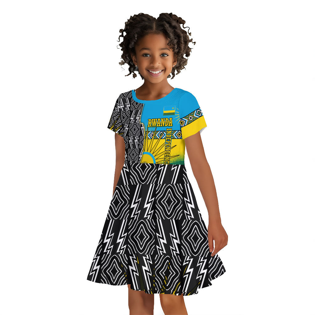 Rwanda Independence Day Unite Paix Progres Kid Short Sleeve Dress African Geometric Pattern - Power Fist And Coffee Branch Art