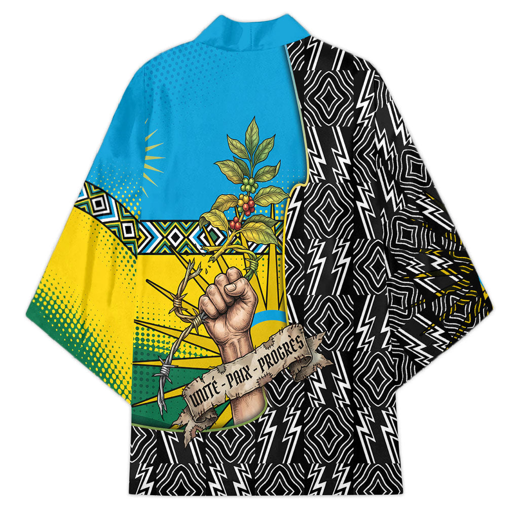 Rwanda Independence Day Unite Paix Progres Kimono African Geometric Pattern - Power Fist And Coffee Branch Art