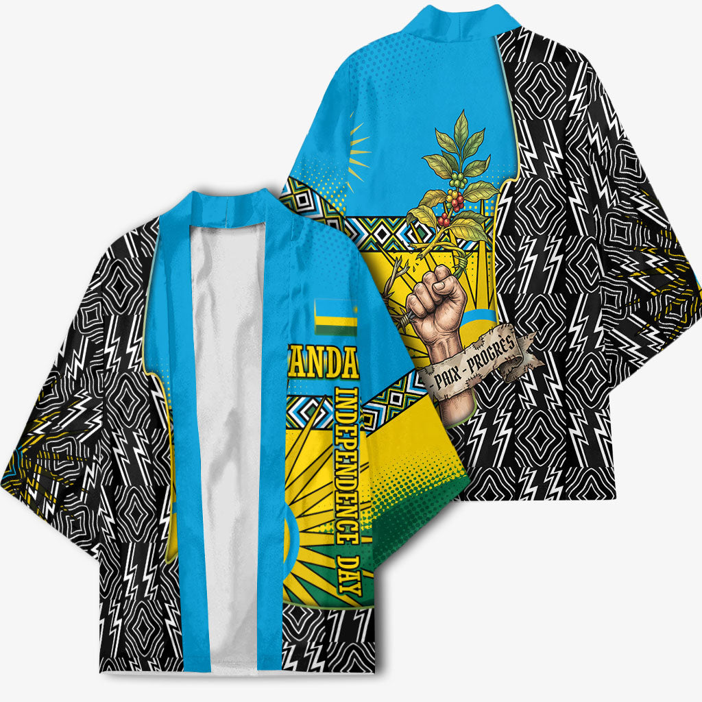 Rwanda Independence Day Unite Paix Progres Kimono African Geometric Pattern - Power Fist And Coffee Branch Art