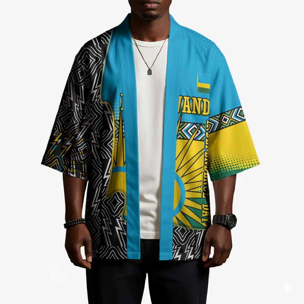 Rwanda Independence Day Unite Paix Progres Kimono African Geometric Pattern - Power Fist And Coffee Branch Art