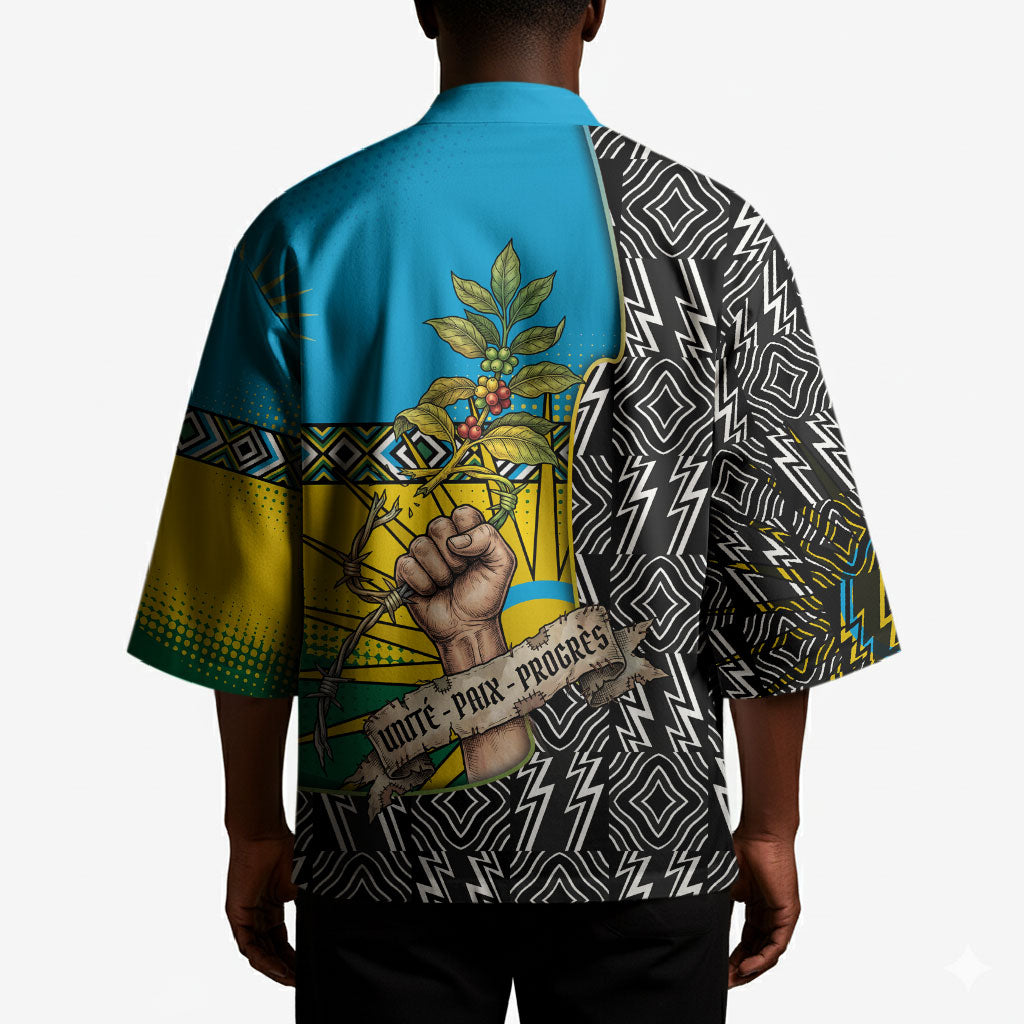Rwanda Independence Day Unite Paix Progres Kimono African Geometric Pattern - Power Fist And Coffee Branch Art