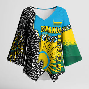 Rwanda Independence Day Unite Paix Progres Kimono Sleeve Blouse African Geometric Pattern - Power Fist And Coffee Branch Art