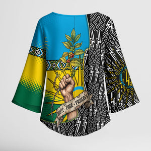 Rwanda Independence Day Unite Paix Progres Kimono Sleeve Blouse African Geometric Pattern - Power Fist And Coffee Branch Art