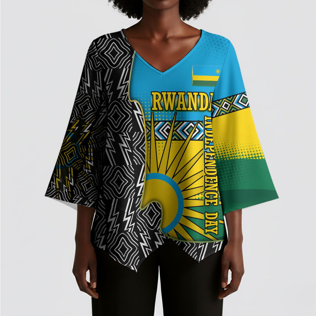Rwanda Independence Day Unite Paix Progres Kimono Sleeve Blouse African Geometric Pattern - Power Fist And Coffee Branch Art