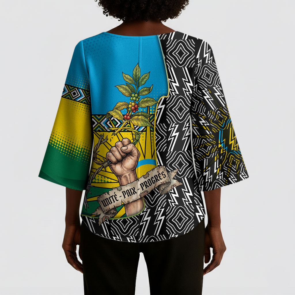 Rwanda Independence Day Unite Paix Progres Kimono Sleeve Blouse African Geometric Pattern - Power Fist And Coffee Branch Art