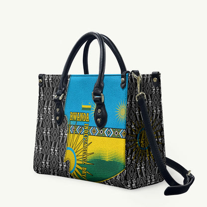 Rwanda Independence Day Unite Paix Progres Leather Bag African Geometric Pattern - Power Fist And Coffee Branch Art
