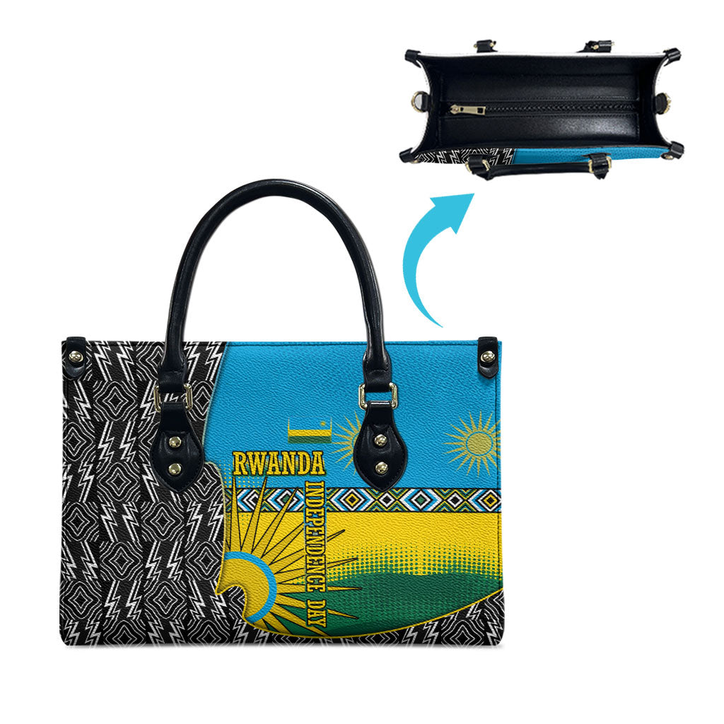 Rwanda Independence Day Unite Paix Progres Leather Bag African Geometric Pattern - Power Fist And Coffee Branch Art