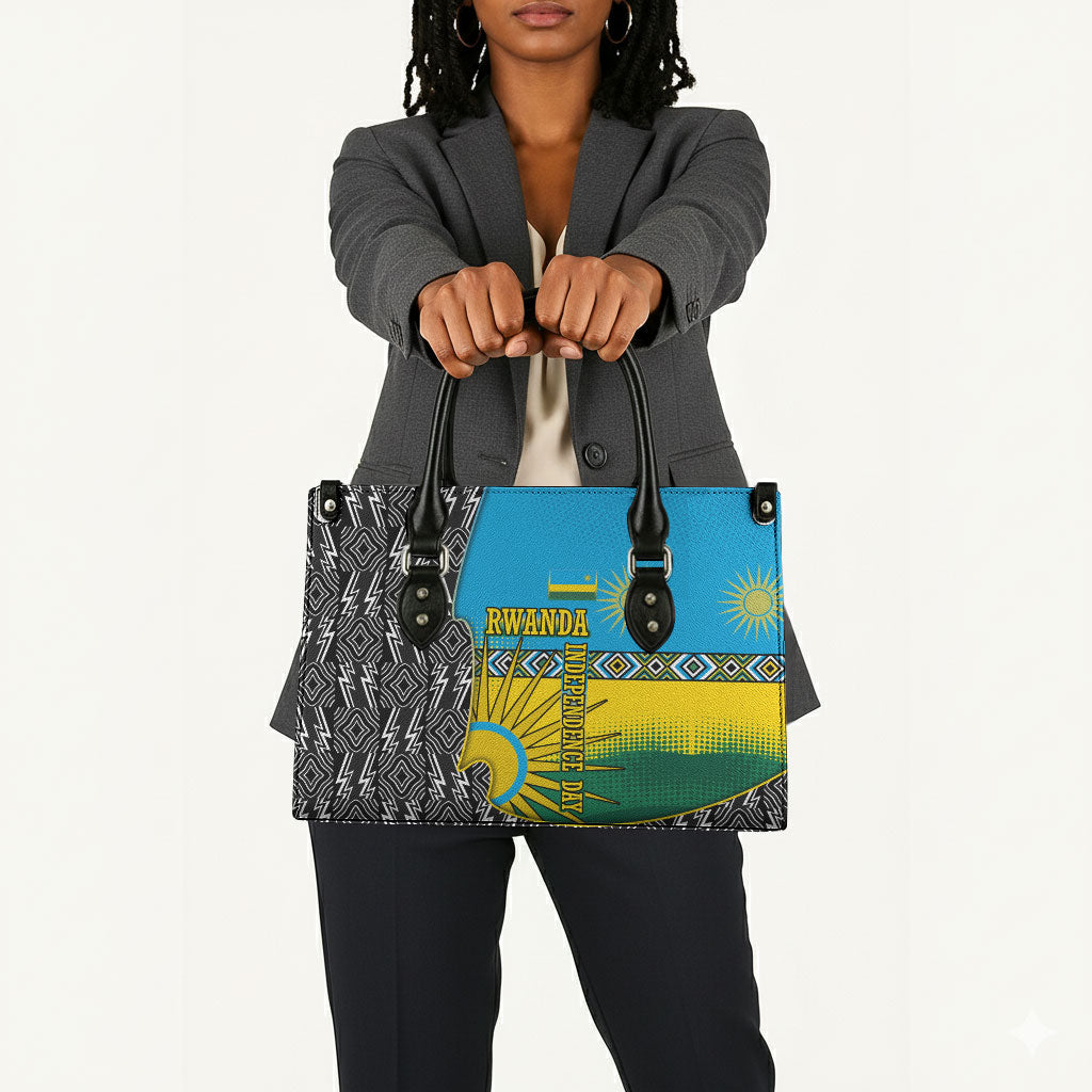 Rwanda Independence Day Unite Paix Progres Leather Bag African Geometric Pattern - Power Fist And Coffee Branch Art