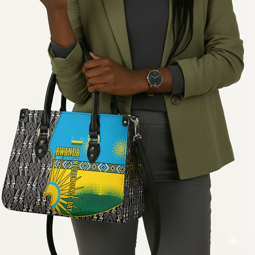 Rwanda Independence Day Unite Paix Progres Leather Bag African Geometric Pattern - Power Fist And Coffee Branch Art