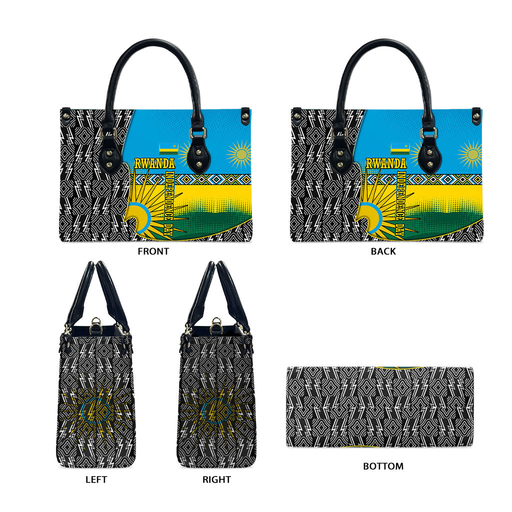 Rwanda Independence Day Unite Paix Progres Leather Bag African Geometric Pattern - Power Fist And Coffee Branch Art