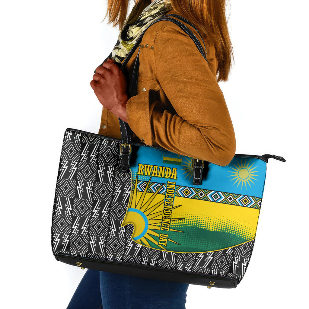 Rwanda Independence Day Unite Paix Progres Leather Tote Bag African Geometric Pattern - Power Fist And Coffee Branch Art
