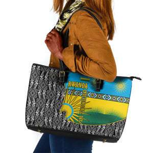 Rwanda Independence Day Unite Paix Progres Leather Tote Bag African Geometric Pattern - Power Fist And Coffee Branch Art
