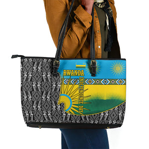 Rwanda Independence Day Unite Paix Progres Leather Tote Bag African Geometric Pattern - Power Fist And Coffee Branch Art