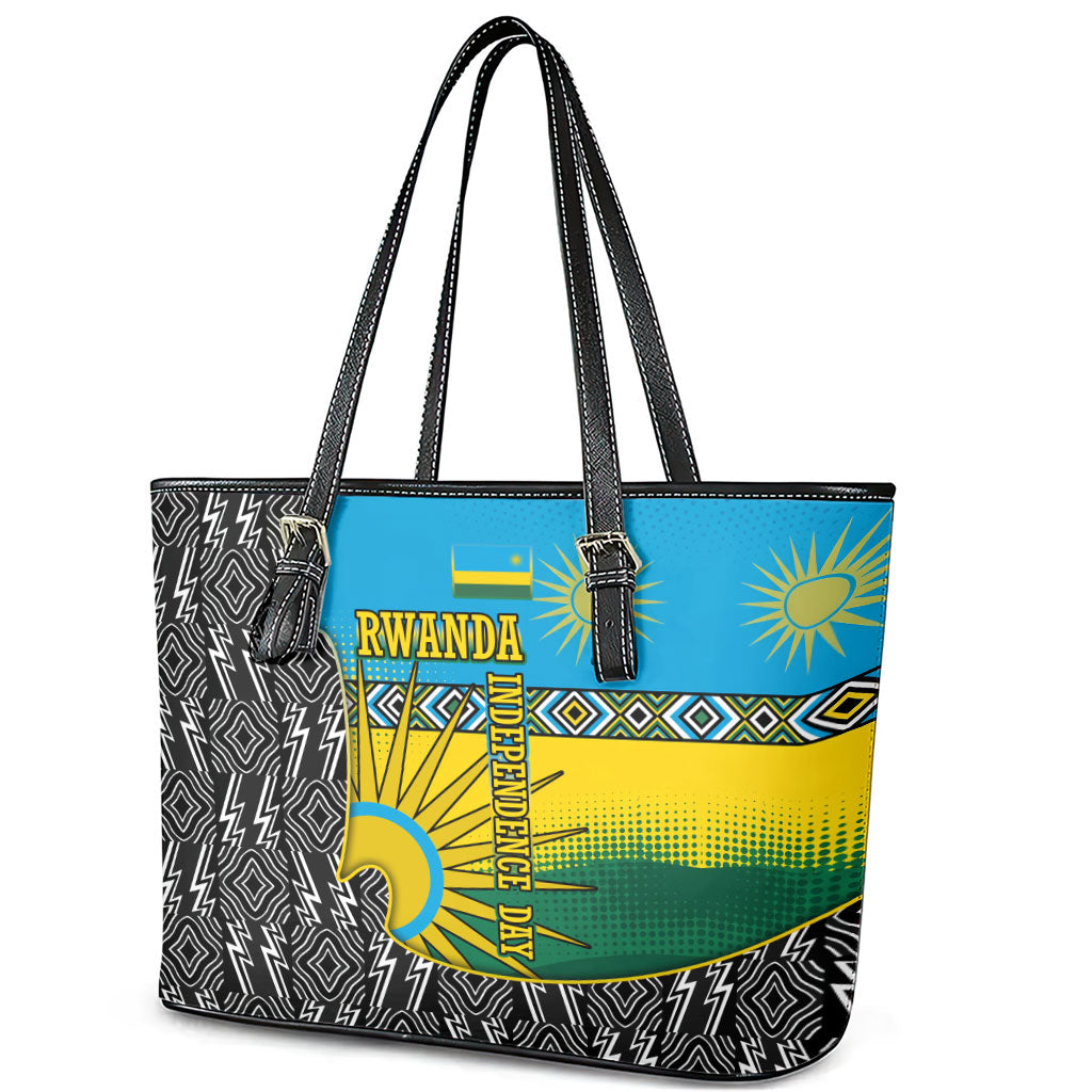 Rwanda Independence Day Unite Paix Progres Leather Tote Bag African Geometric Pattern - Power Fist And Coffee Branch Art