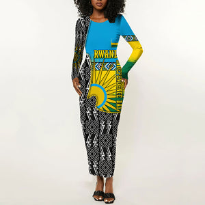 Rwanda Independence Day Unite Paix Progres Long Sleeve Bodycon Dress African Geometric Pattern - Power Fist And Coffee Branch Art