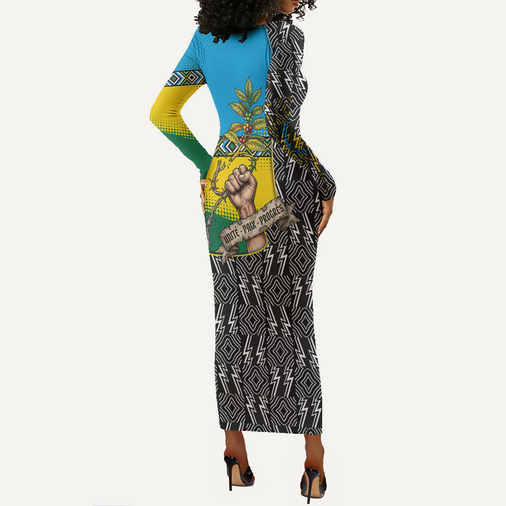 Rwanda Independence Day Unite Paix Progres Long Sleeve Bodycon Dress African Geometric Pattern - Power Fist And Coffee Branch Art