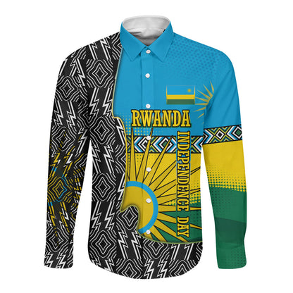 Rwanda Independence Day Unite Paix Progres Long Sleeve Button Shirt African Geometric Pattern - Power Fist And Coffee Branch Art