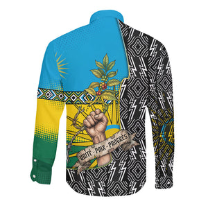 Rwanda Independence Day Unite Paix Progres Long Sleeve Button Shirt African Geometric Pattern - Power Fist And Coffee Branch Art