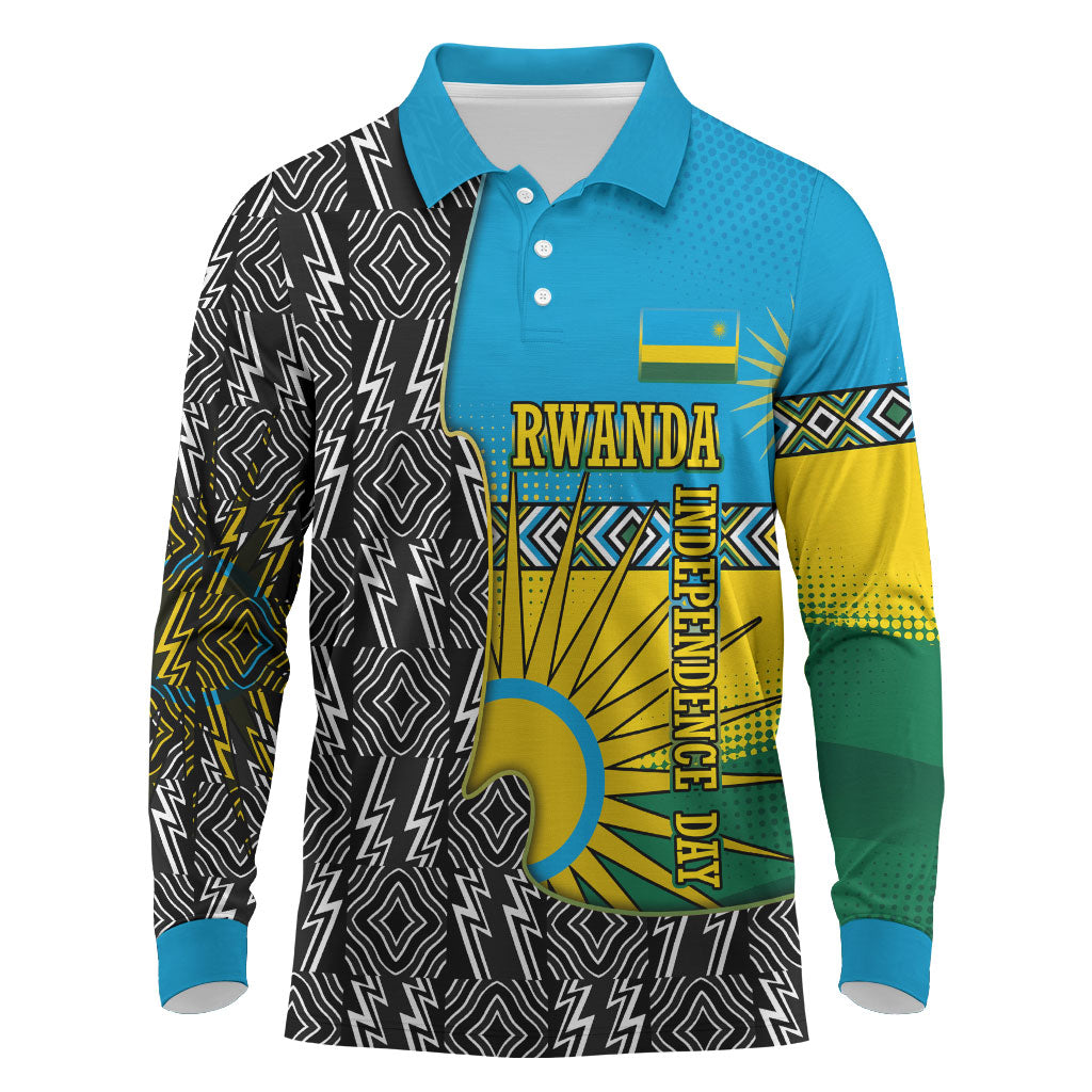 Rwanda Independence Day Unite Paix Progres Long Sleeve Polo Shirt African Geometric Pattern - Power Fist And Coffee Branch Art