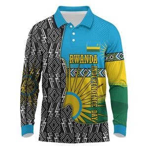 Rwanda Independence Day Unite Paix Progres Long Sleeve Polo Shirt African Geometric Pattern - Power Fist And Coffee Branch Art