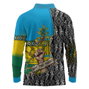 Rwanda Independence Day Unite Paix Progres Long Sleeve Polo Shirt African Geometric Pattern - Power Fist And Coffee Branch Art