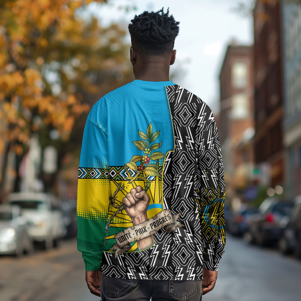 Rwanda Independence Day Unite Paix Progres Long Sleeve Shirt African Geometric Pattern - Power Fist And Coffee Branch Art
