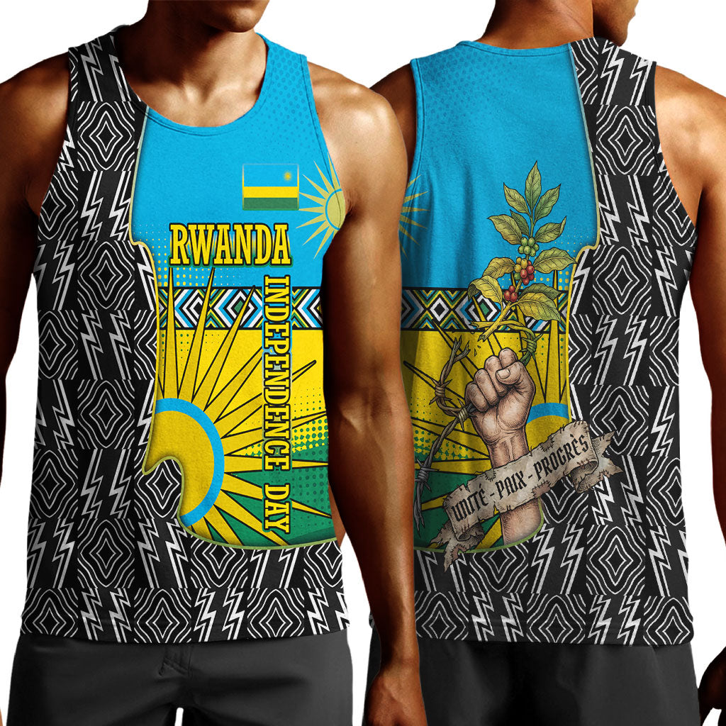 Rwanda Independence Day Unite Paix Progres Men Tank Top African Geometric Pattern - Power Fist And Coffee Branch Art