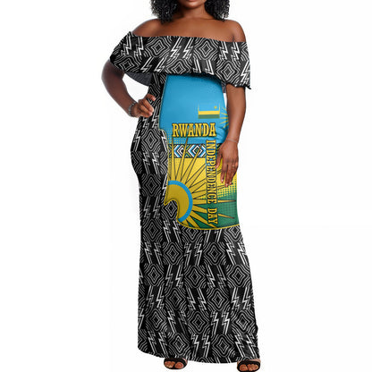 Rwanda Independence Day Unite Paix Progres Off Shoulder Maxi Dress African Geometric Pattern - Power Fist And Coffee Branch Art