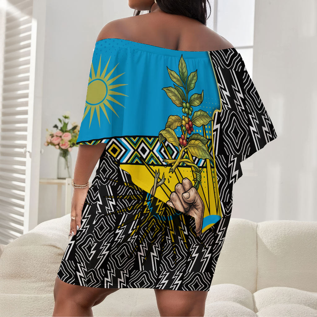 Rwanda Independence Day Unite Paix Progres Off Shoulder Short Dress African Geometric Pattern - Power Fist And Coffee Branch Art