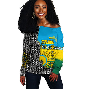 Rwanda Independence Day Unite Paix Progres Off Shoulder Sweater African Geometric Pattern - Power Fist And Coffee Branch Art