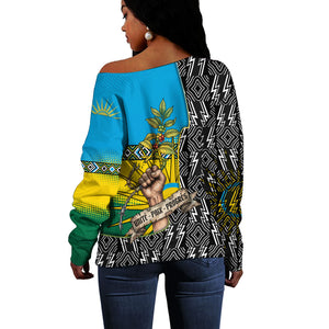 Rwanda Independence Day Unite Paix Progres Off Shoulder Sweater African Geometric Pattern - Power Fist And Coffee Branch Art