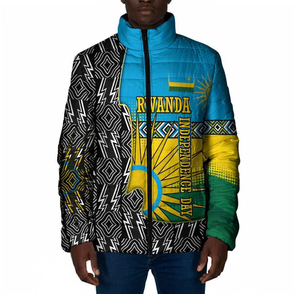 Rwanda Independence Day Unite Paix Progres Padded Jacket African Geometric Pattern - Power Fist And Coffee Branch Art