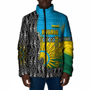 Rwanda Independence Day Unite Paix Progres Padded Jacket African Geometric Pattern - Power Fist And Coffee Branch Art
